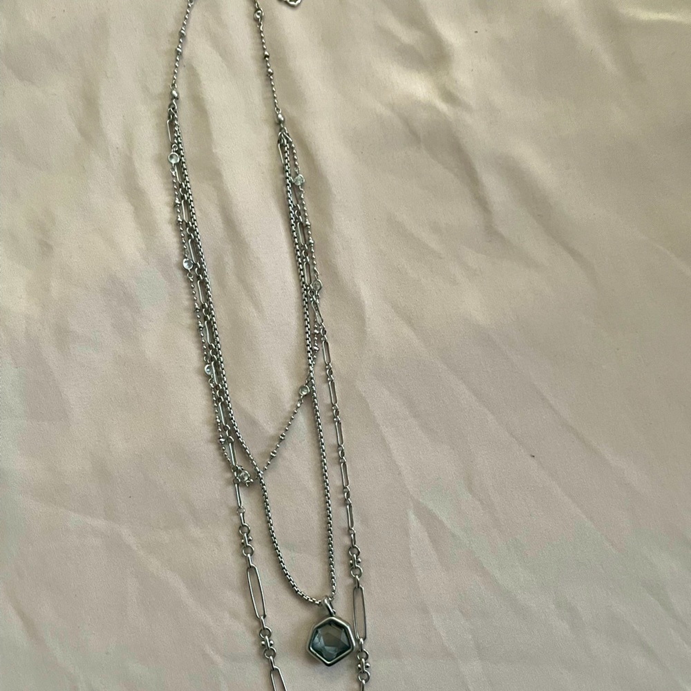 Rhodium double strand necklace. Sage colored stones. Excellent used condition.